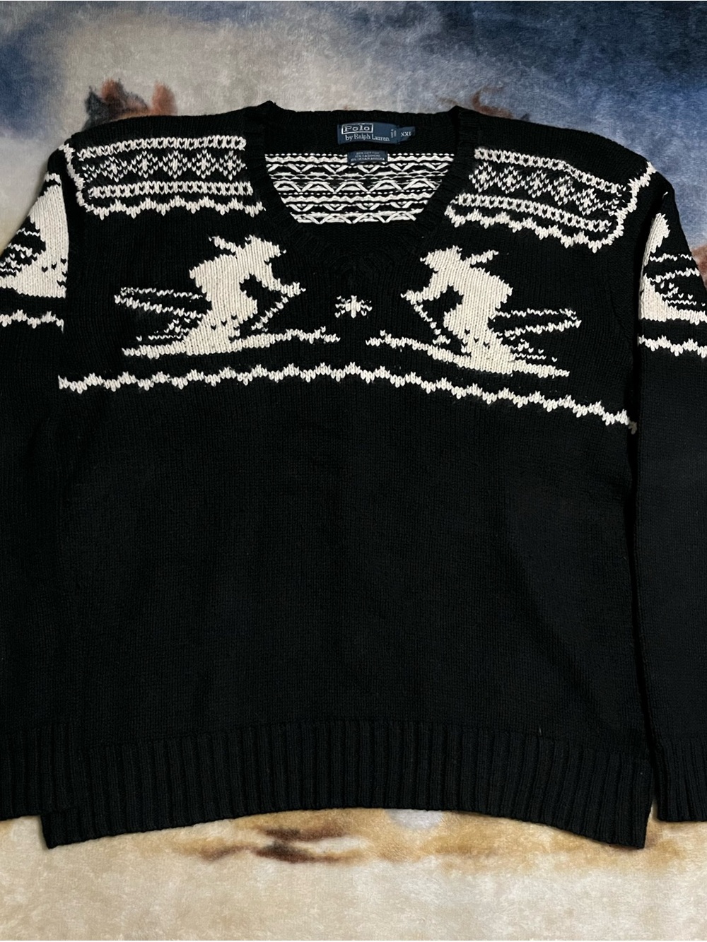 Vintage Polo Ralph Lauren Ski Skier Sweater! Black Cotton & Cashmere Mens 2XL